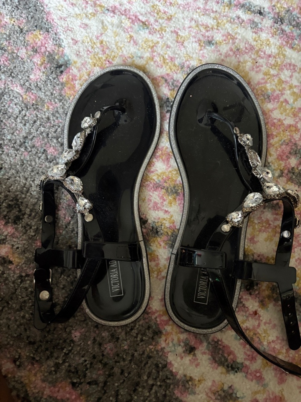 Black Jelly T-Strap Sandals with Gem Accents